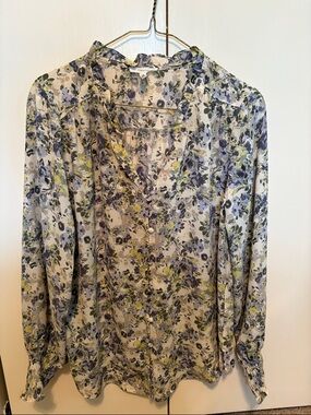 Maurices Floral Ruffle-Neck Button Blouse in Cream, Blue and Green